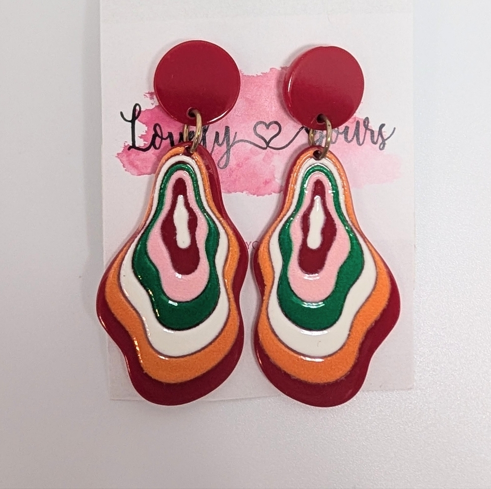 Abstract Drop Earrings Red Green Pink Statement Retro Mod